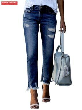 High Waisted Tummy Control Straight Ankle Ripped Jeans Stretch Denim